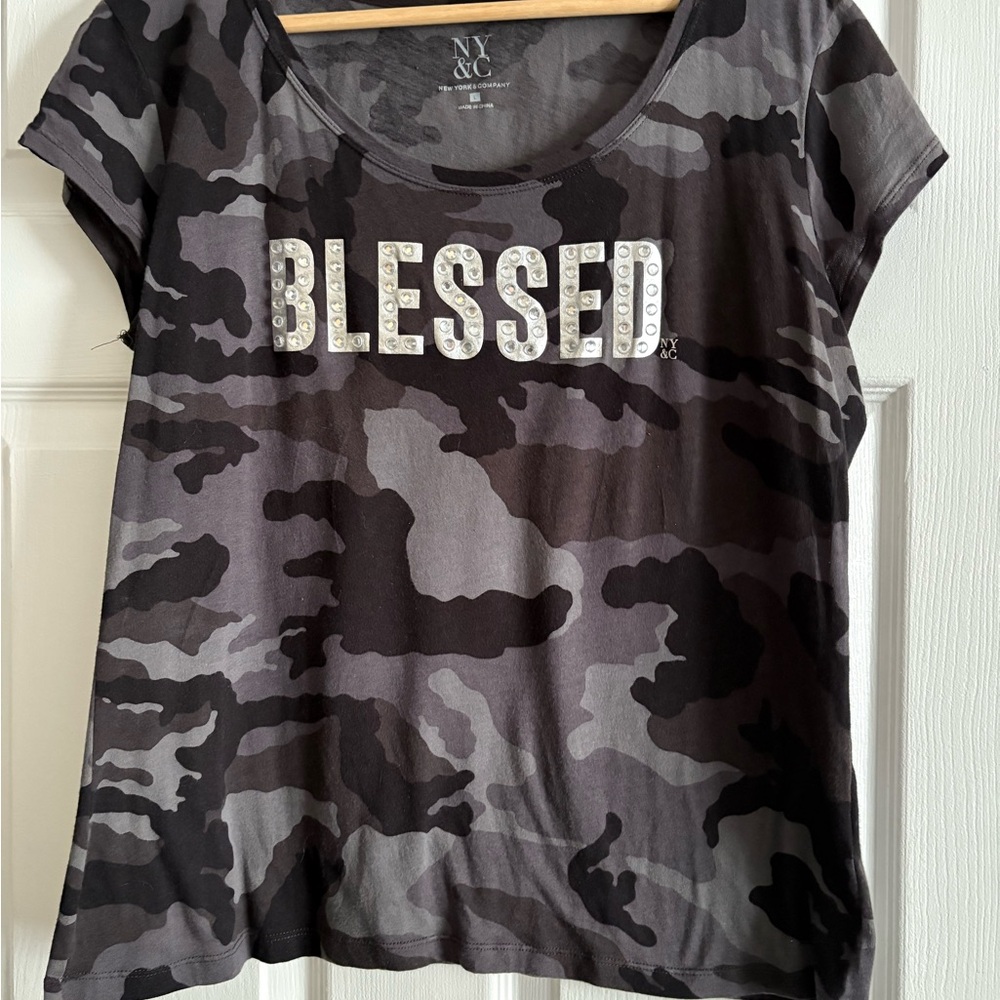 New York & Company Women's Camouflage Top - Black and Gray